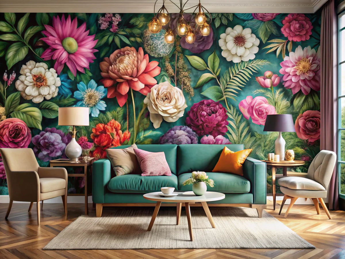 Bold floral wallpaper in a stylish living room, showcasing intricate motifs and vibrant colors, reflecting the trend of bold accent designs in home decor.