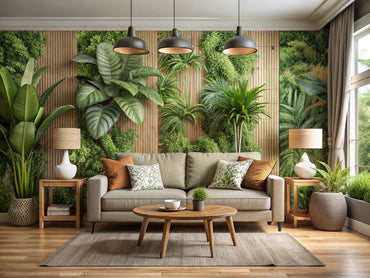 Modern living room with eco-friendly plant-motif wallpaper, wooden accents, and indoor plants