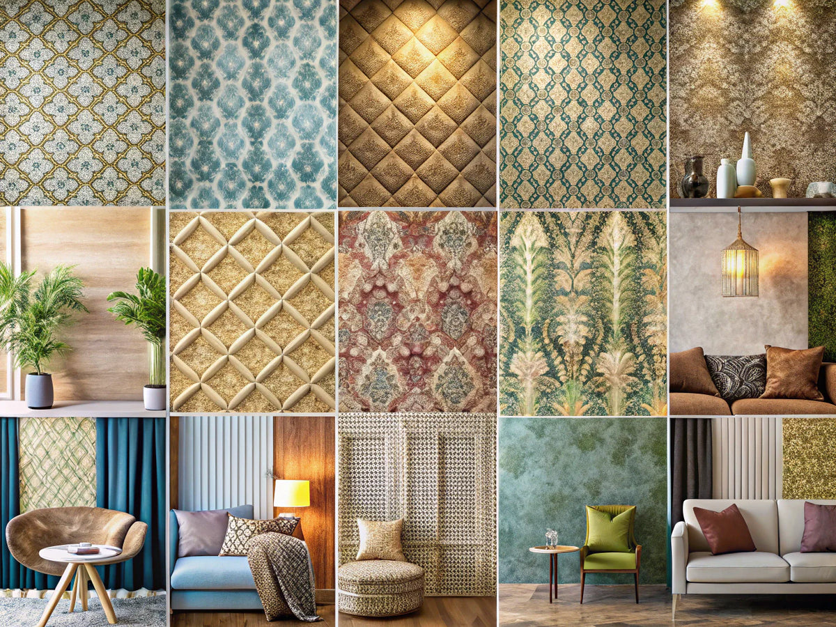 A stylish interior featuring a variety of textured wallpapers that add depth and dimension to the space.