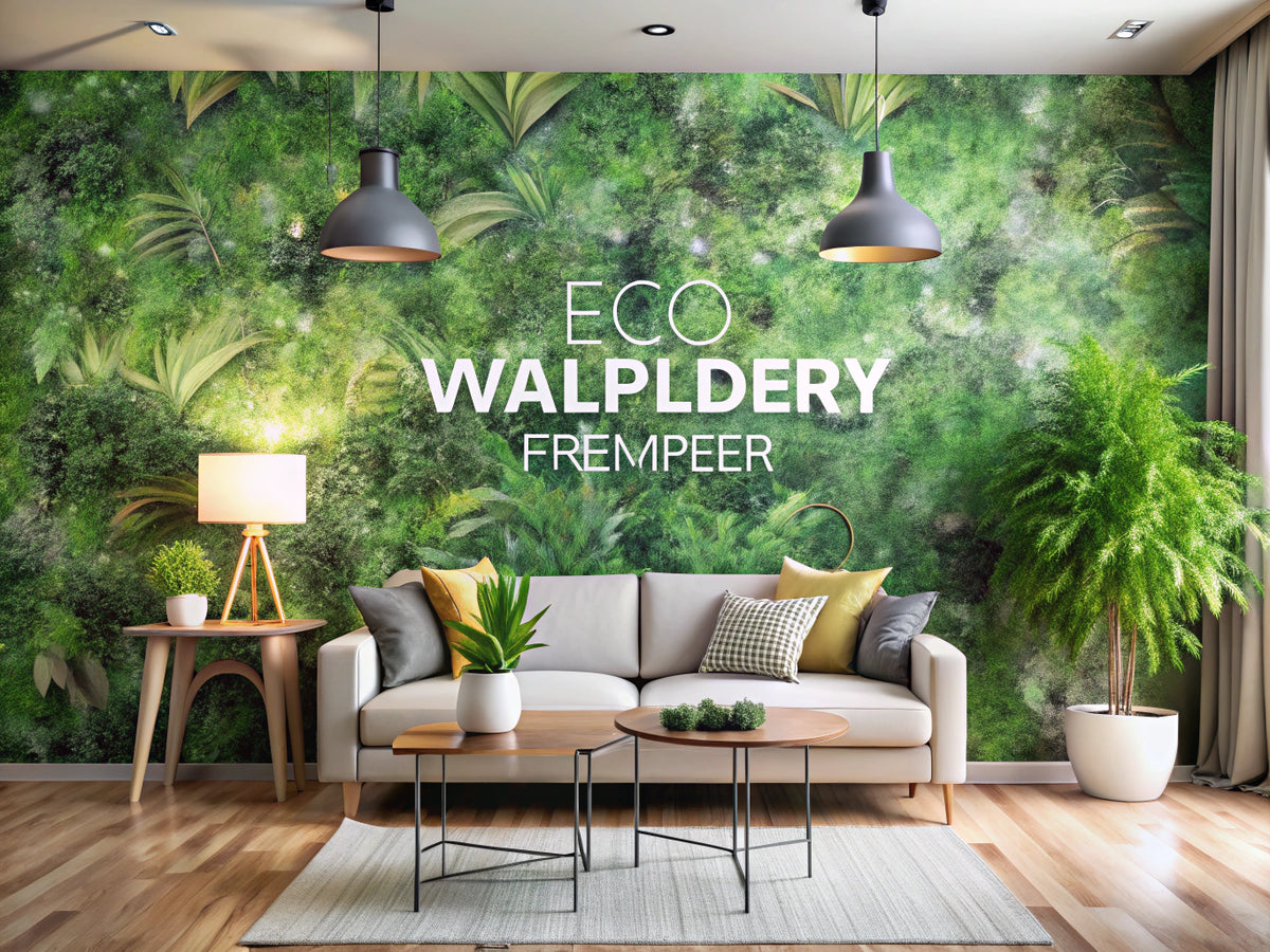 Eco-friendly wallpaper in a stylish living room, showcasing natural materials and a sustainable aesthetic.