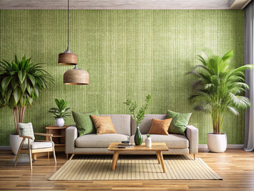 modern living room with grasscloth eco-friendly wallpaper, indoor plants, and sustainable wooden flooring