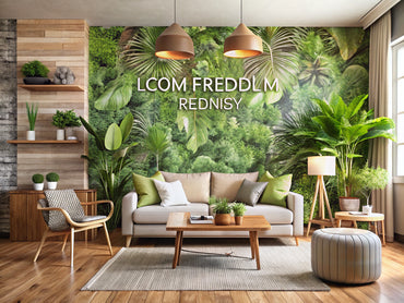 Modern living room with eco-friendly wallpaper, bamboo accents, and lush plants for sustainable home decor