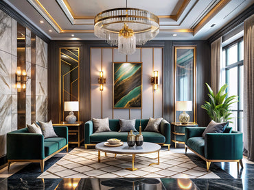 Modern interior design featuring art deco elements with geometric patterns and luxurious materials, showcasing elegance and sophistication.