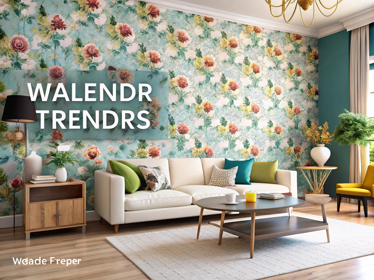 A modern interior showcasing the latest wallpaper trends with vibrant colors and stylish patterns.
