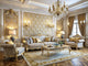 Luxurious modern living room with gold and cream Baroque wallpaper and subtle Art Deco accents