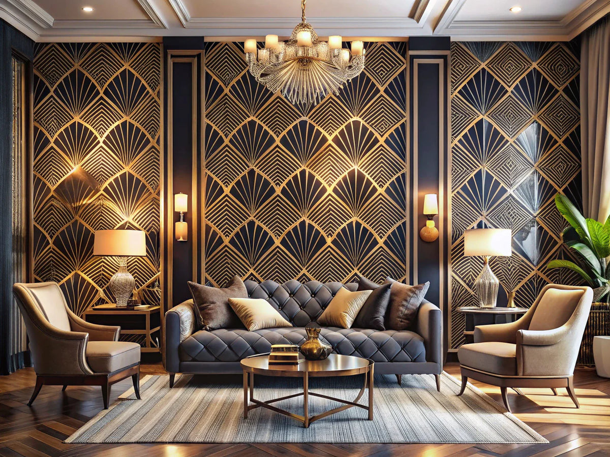 Luxurious interior featuring Art Deco wallpaper with geometric patterns and rich colors, showcasing elegance and sophistication in modern decor.