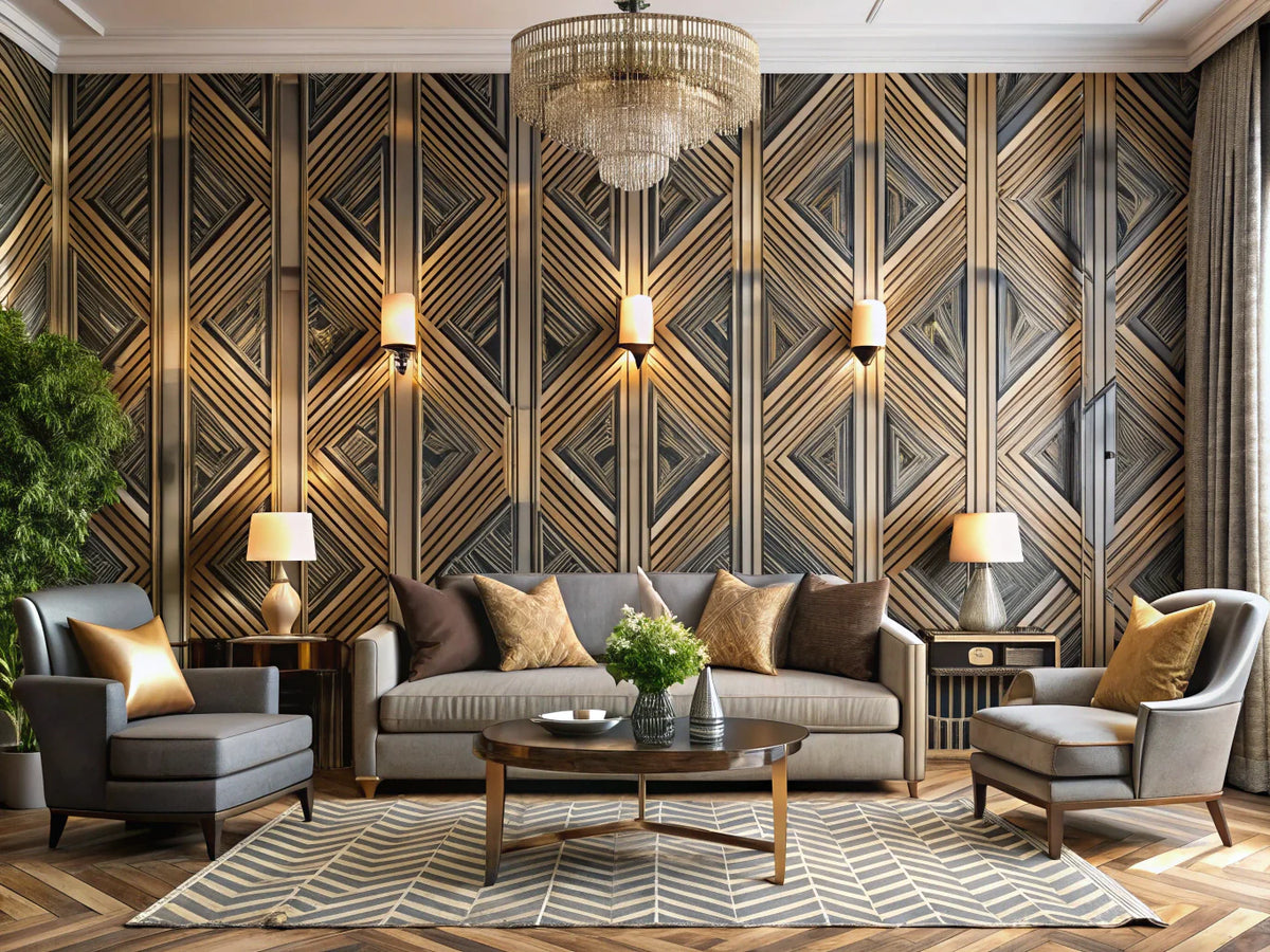 Elegant Art Deco wallpaper in a modern home, showcasing geometric patterns and luxurious textures for timeless sophistication.