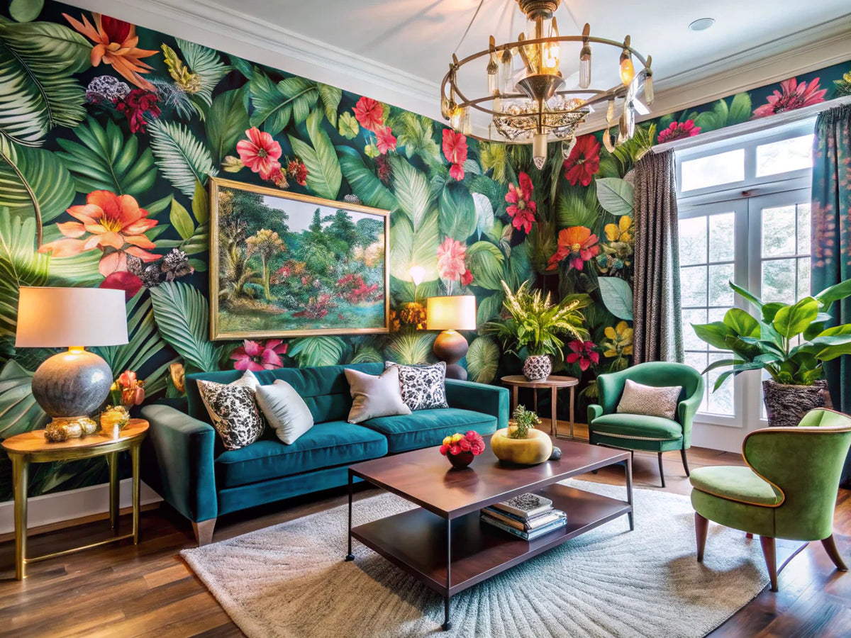 A vibrant interior showcasing custom wallpaper with modern prints and textures, reflecting personalized home decor.