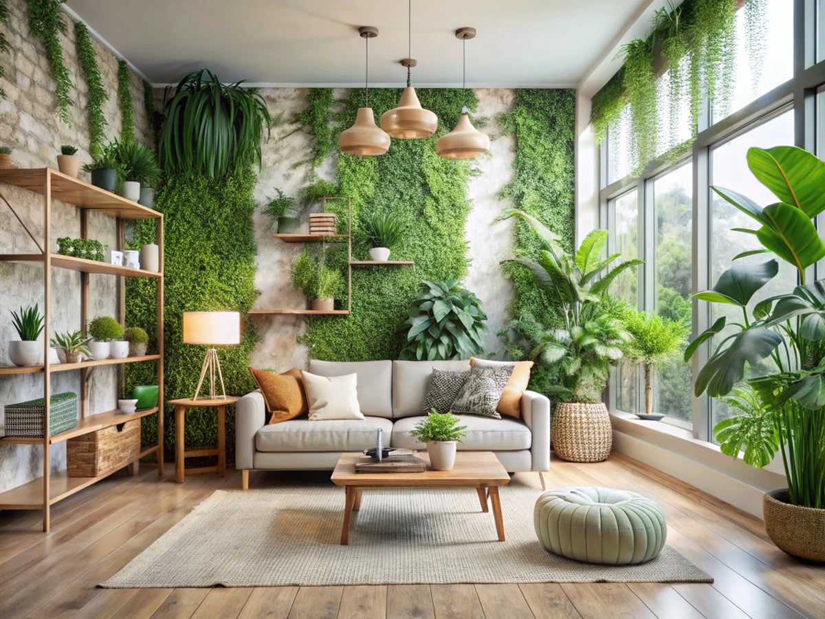 Eco-friendly wallpaper in a sustainable home interior, showcasing a green living environment with natural elements.