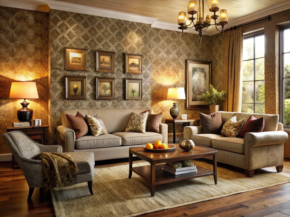 A cozy interior showcasing various textured wallpapers, emphasizing the versatility of faux finishes and natural mimics in creating inviting spaces.