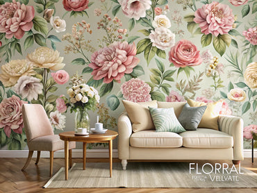 Elegant floral wallpaper design showcasing intricate motifs in a stylish interior setting, emphasizing luxury and eco-friendliness.
