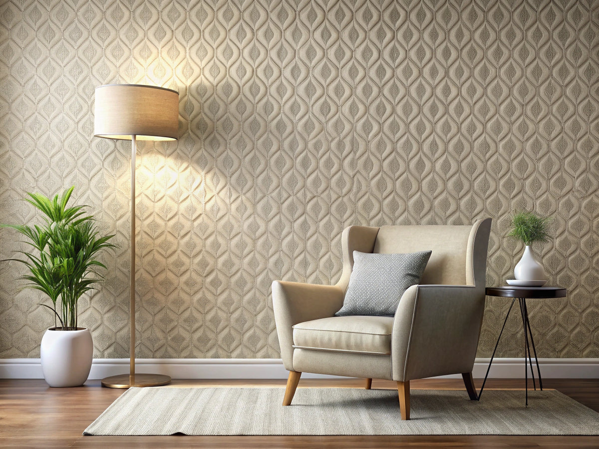 close-up of a neutral textured wallpaper wall in a modern living space with armchair and floor lamp