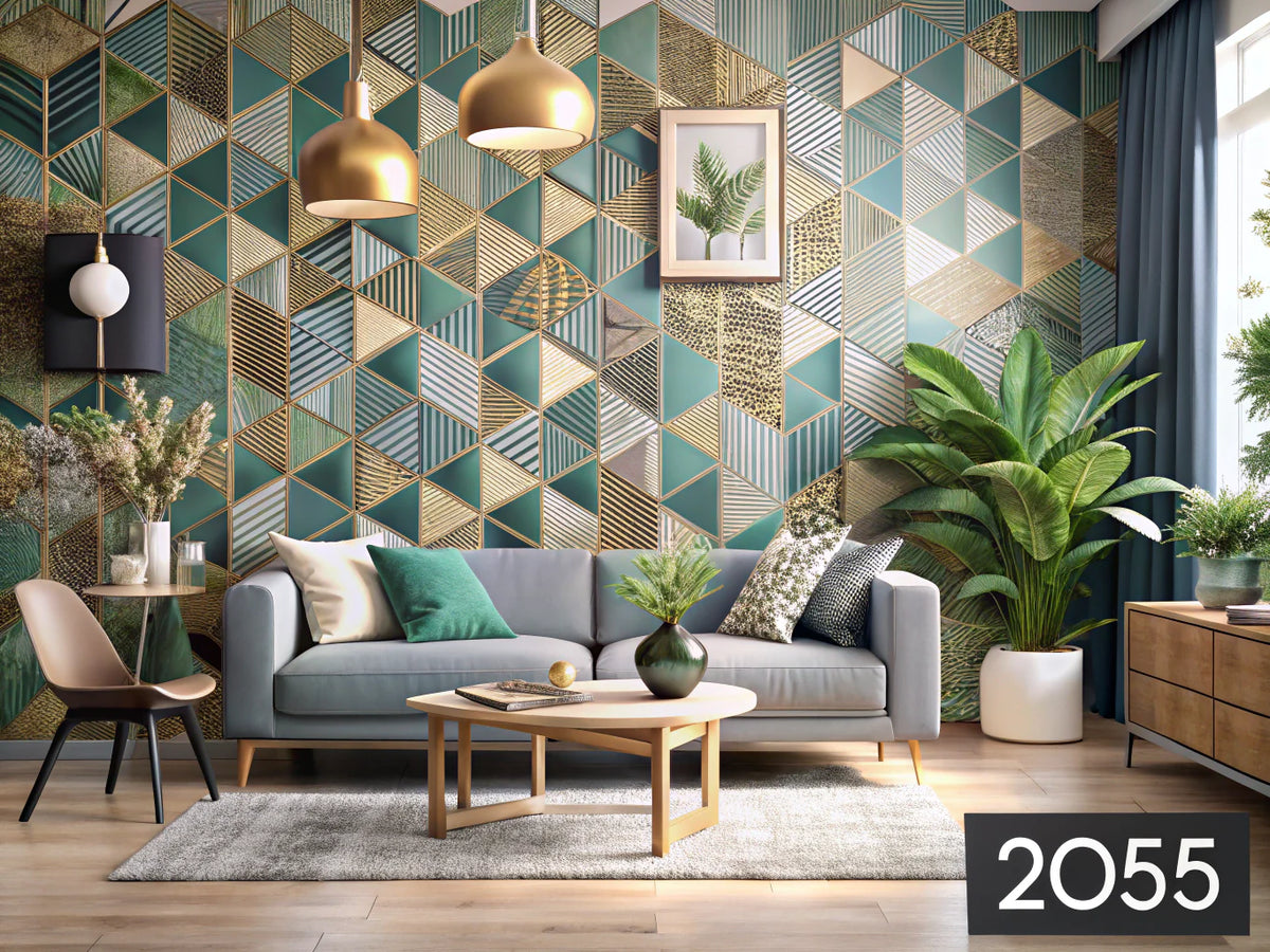 A modern interior showcasing various wallpaper designs for 2025, including nature-inspired patterns, bold geometric shapes, and luxurious metallic finishes, creating an inviting and transformative atmosphere.