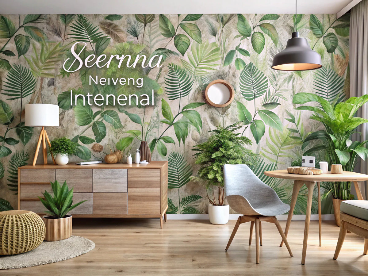 Eco-friendly wallpaper in a serene interior space with natural elements, emphasizing sustainability and green home decor.