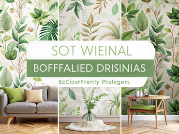 A serene setting showcasing eco-friendly wallpaper designs with lush greenery and botanical patterns, emphasizing sustainability.