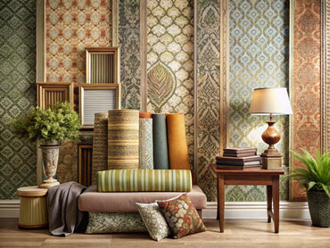 A stylish interior featuring various textured wallpapers, showcasing patterns like fabric, grasscloth, and embossed designs, representing the resurgence of textured wall coverings.
