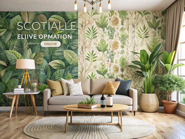 Eco-friendly living room showcasing sustainable wallpaper options with natural light and plants.