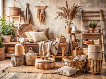 A cozy rustic home decor scene showcasing woven textures and natural materials, perfect for a rustic theme.