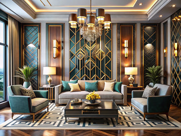 Elegant interior showcasing Art Deco patterns with bold geometric designs and luxurious materials, reflecting a blend of modern and vintage styles.