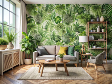 Eco-friendly wallpaper designs in a serene interior, showcasing green patterns and textures, emphasizing sustainability and nature.