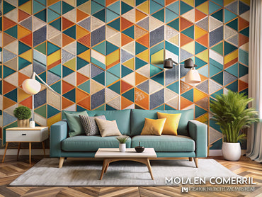 Modern geometric wallpaper showcasing bold patterns and colors in a contemporary home interior, highlighting the resurgence of geometric designs in modern decor.