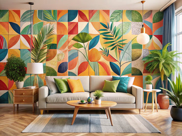 Modern living room with vibrant custom wallpaper accent wall reflecting personal style