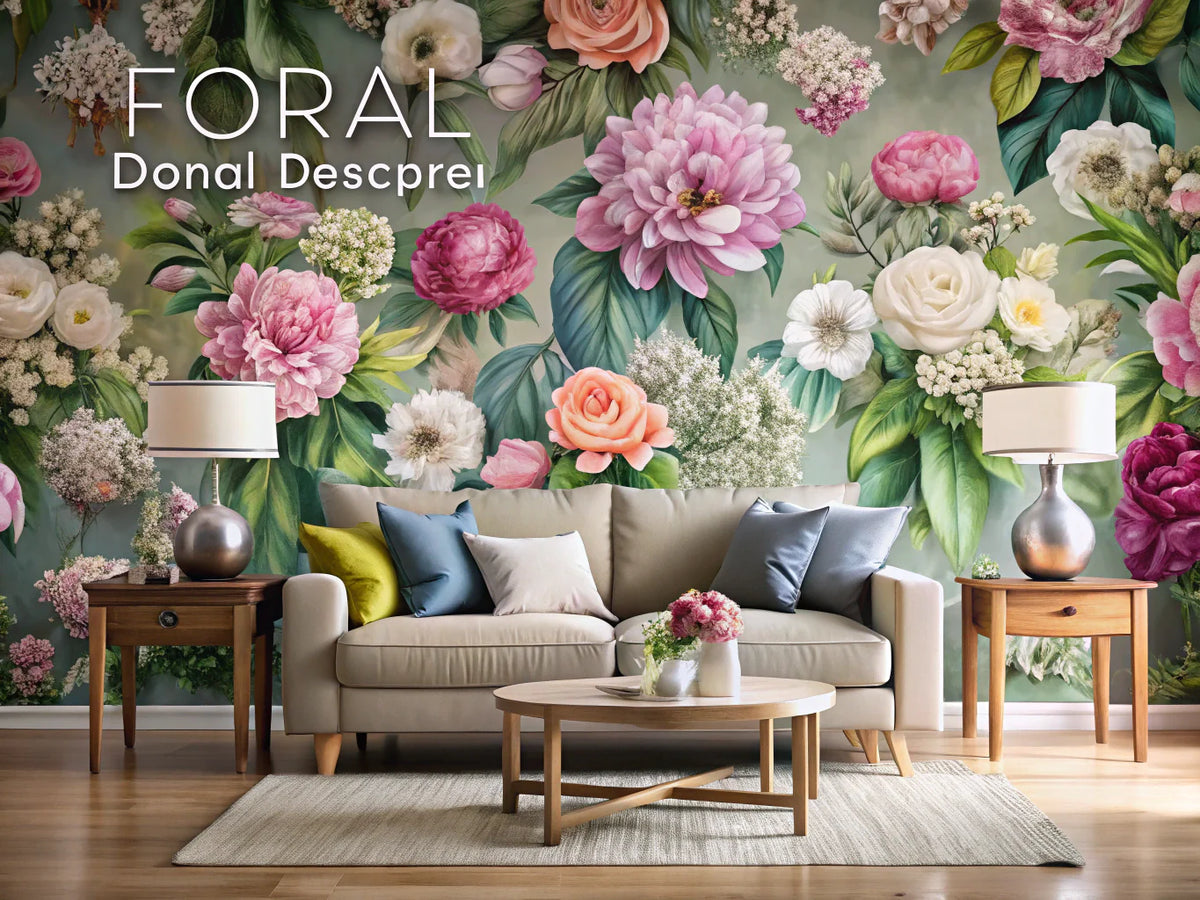 A vibrant display of floral wallpapers in a modern home decor setting, showcasing the resurgence of floral designs in 2025.