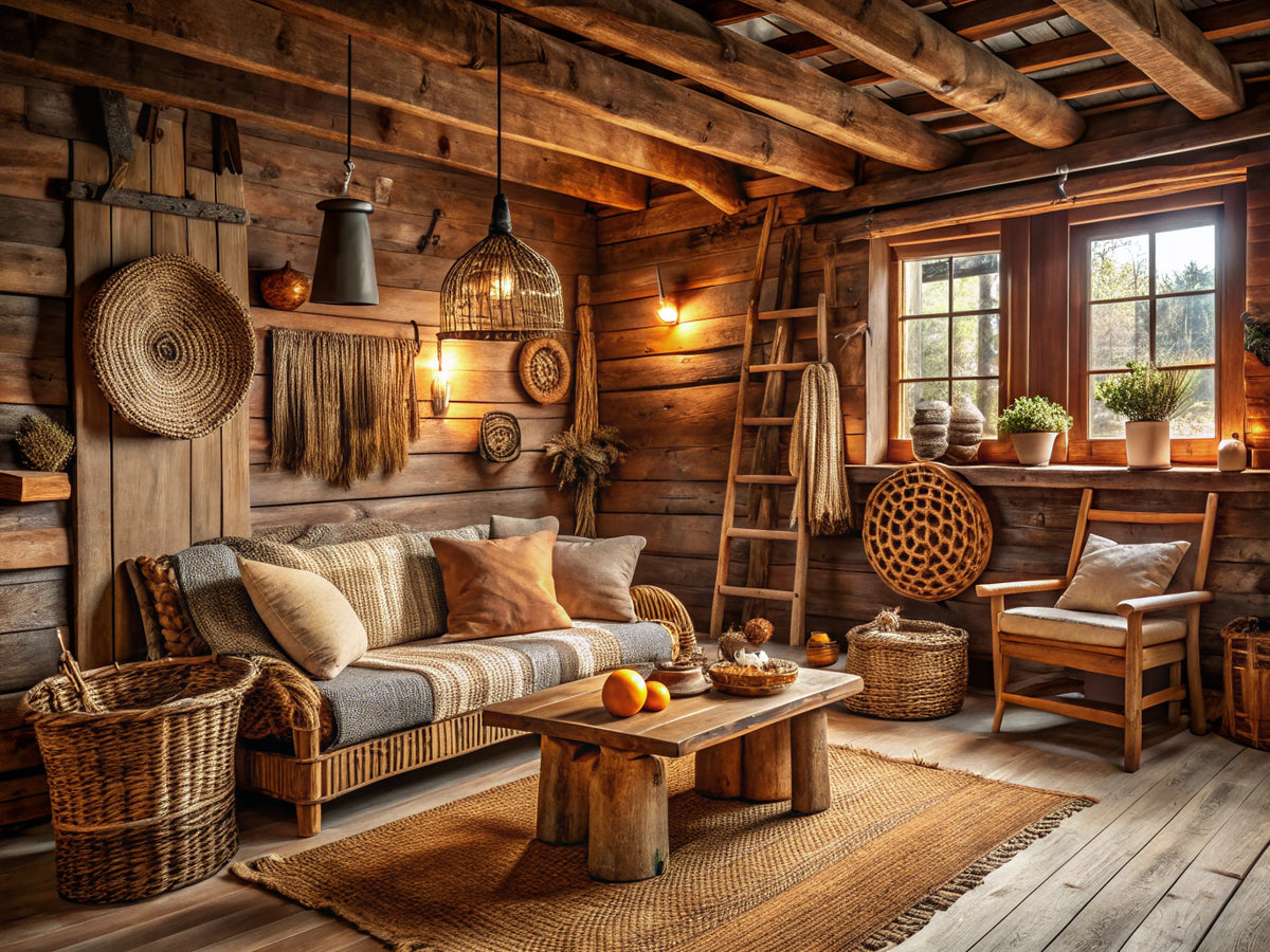 Rustic home decor living room featuring Rustic Weave wallpaper and warm interior design elements