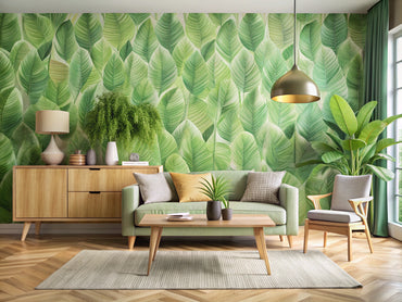 modern living room with eco-friendly green wallpaper and natural wood furniture