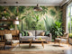 Modern living room with eco-friendly botanical wallpaper, reclaimed wood furniture, bamboo accents, and lush indoor plants.