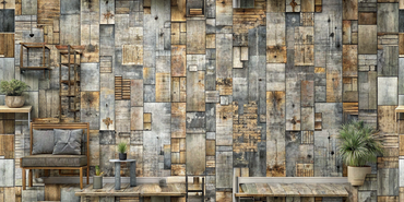 Close-up of Rustic Timber Mosaic textured wallpaper with warm wood patchwork for a cozy, rustic home atmosphere