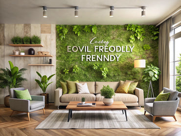 A modern living room adorned with eco-friendly wallpaper, featuring natural materials and sustainable design elements, creating a warm and inviting atmosphere.