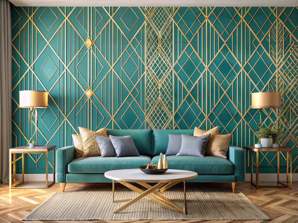 Modern living room decor featuring geometric wallpaper designs: Golden Geometric Maze and Teal Diamond Elegance, showcasing luxury and vibrancy.
