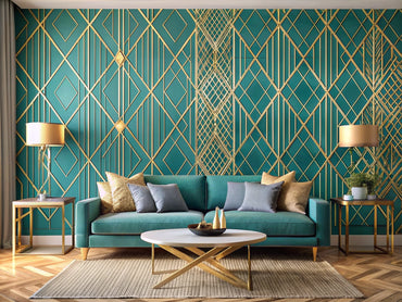 Modern living room decor featuring geometric wallpaper designs: Golden Geometric Maze and Teal Diamond Elegance, showcasing luxury and vibrancy.