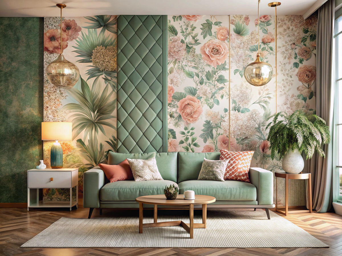split interior wall showcasing floral majesty wallpaper and modern mosaic wallpaper in a modern living room setting