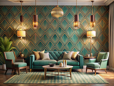 Teal art deco wallpaper with gold geometric patterns in a stylish mid-century modern living room