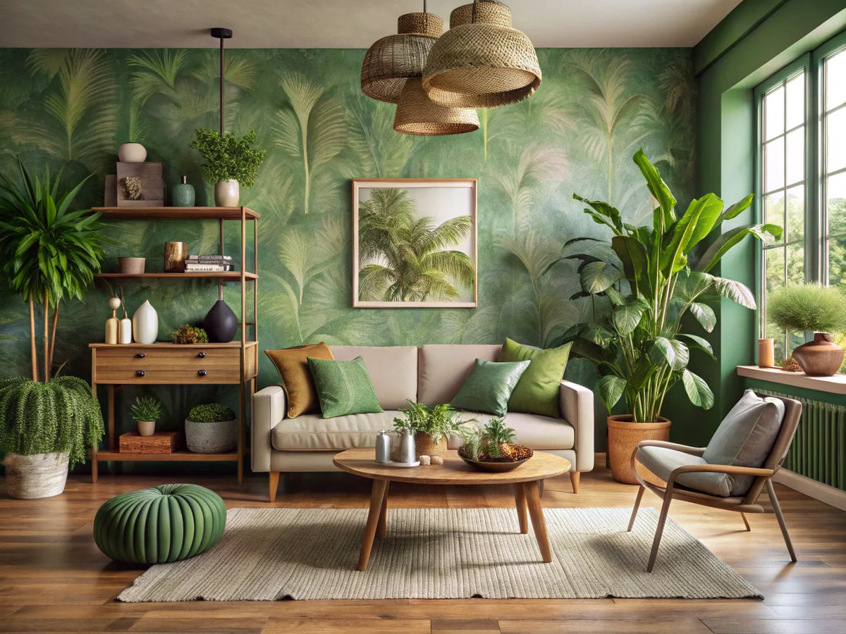 Cozy home interior with textured wallpaper in green, creating a nature-inspired ambiance.