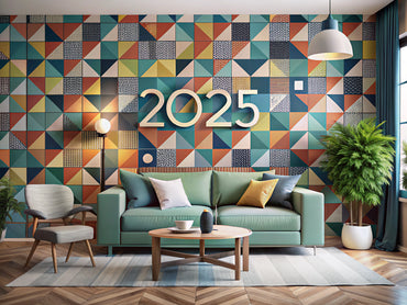 A modern living room showcasing geometric and abstract wallpapers, reflecting the latest interior design trends for 2025.
