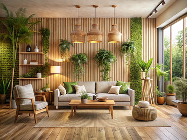 A cozy home interior featuring eco-friendly wallpaper made from natural materials, with plants and soft lighting, highlighting sustainability and a connection to nature.
