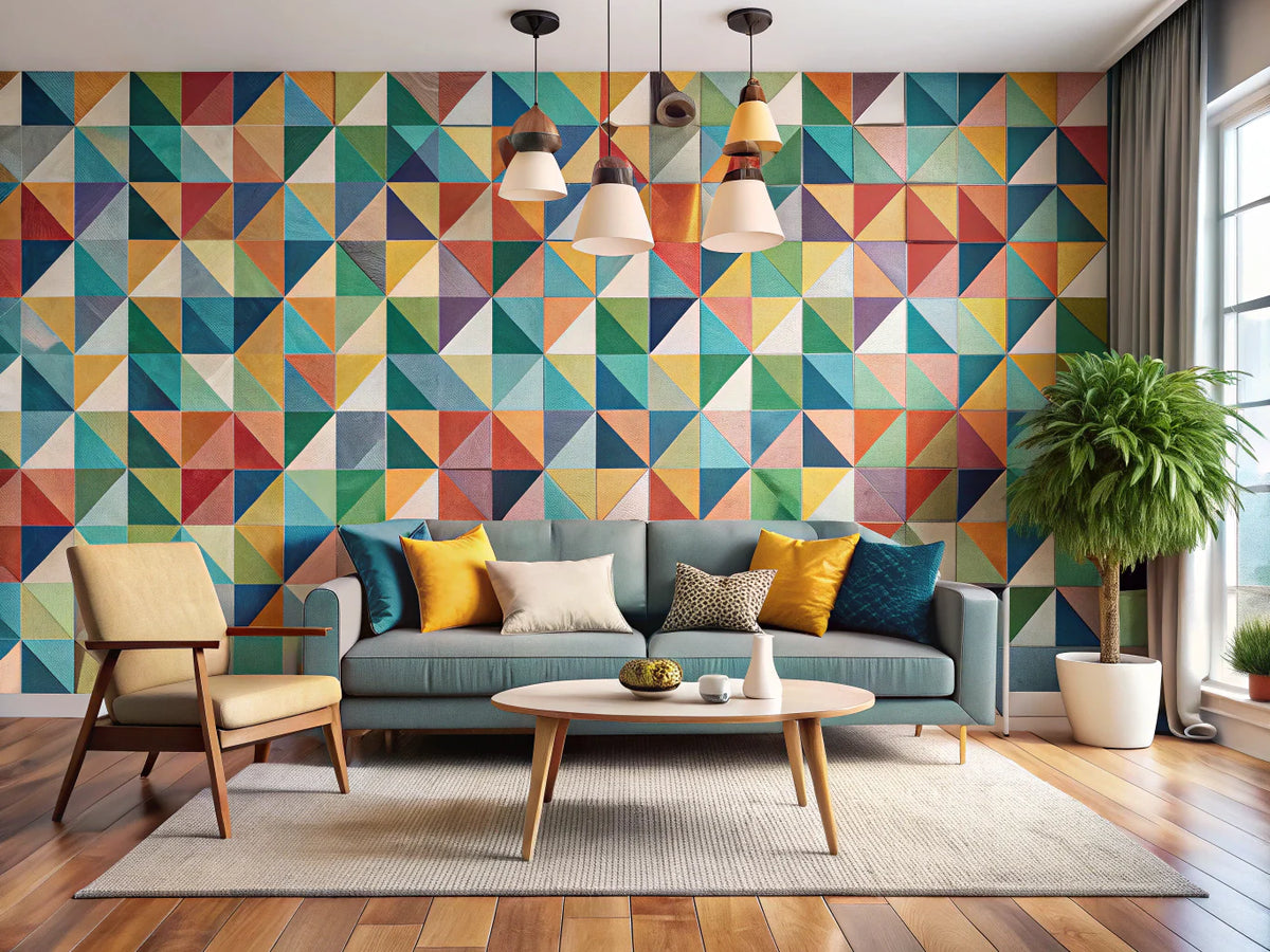 Stylish interior with vibrant geometric wallpaper designs showcasing modern home decor aesthetics.
