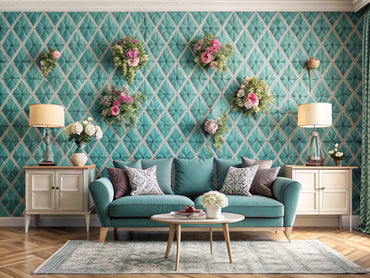A modern home interior showcasing a stylish wallpaper design that combines teal diamond patterns and floral motifs, representing elegance and majesty.