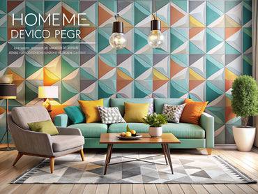 A modern living room showcasing geometric patterns in home decor, featuring stylish wallpaper and decor elements that highlight the trend.