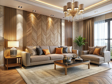 Modern living room with elegant textured wallpaper accent wall in warm neutral tones