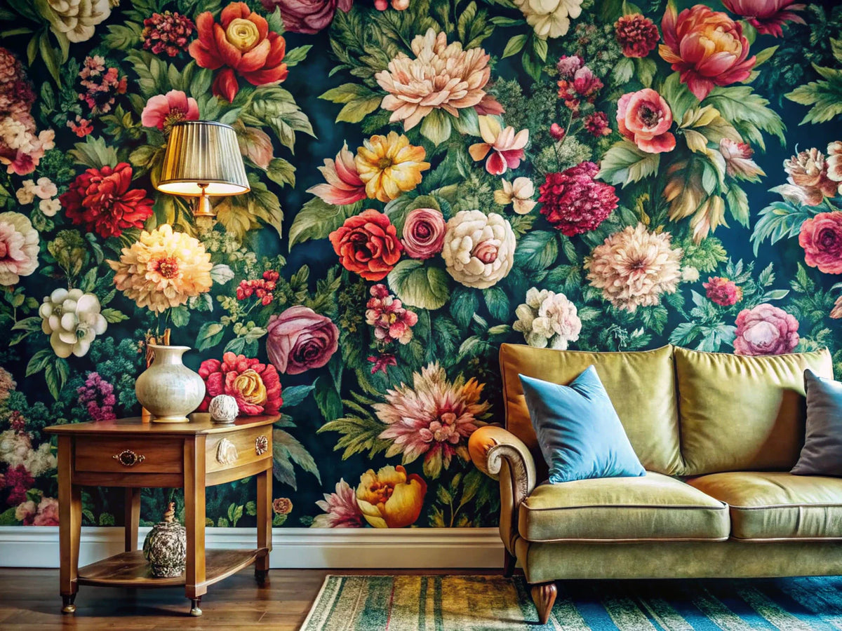 Elegant floral wallpaper design showcasing luxury and sophistication in a modern home setting.