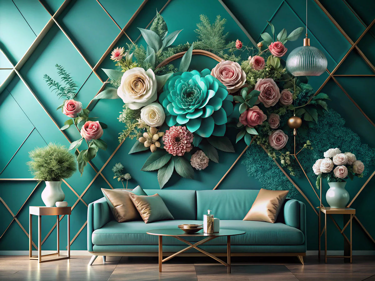 A stylish interior showcasing a blend of modern geometric teal wallpaper and romantic floral designs, representing the elegance of Teal Diamond Elegance and the beauty of Floral Majesty.