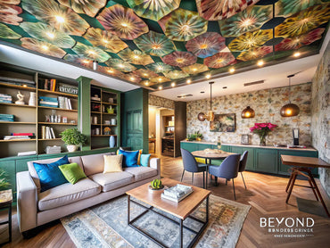 Creative interior scene showcasing innovative wallpaper applications including ceiling designs and furniture decor.