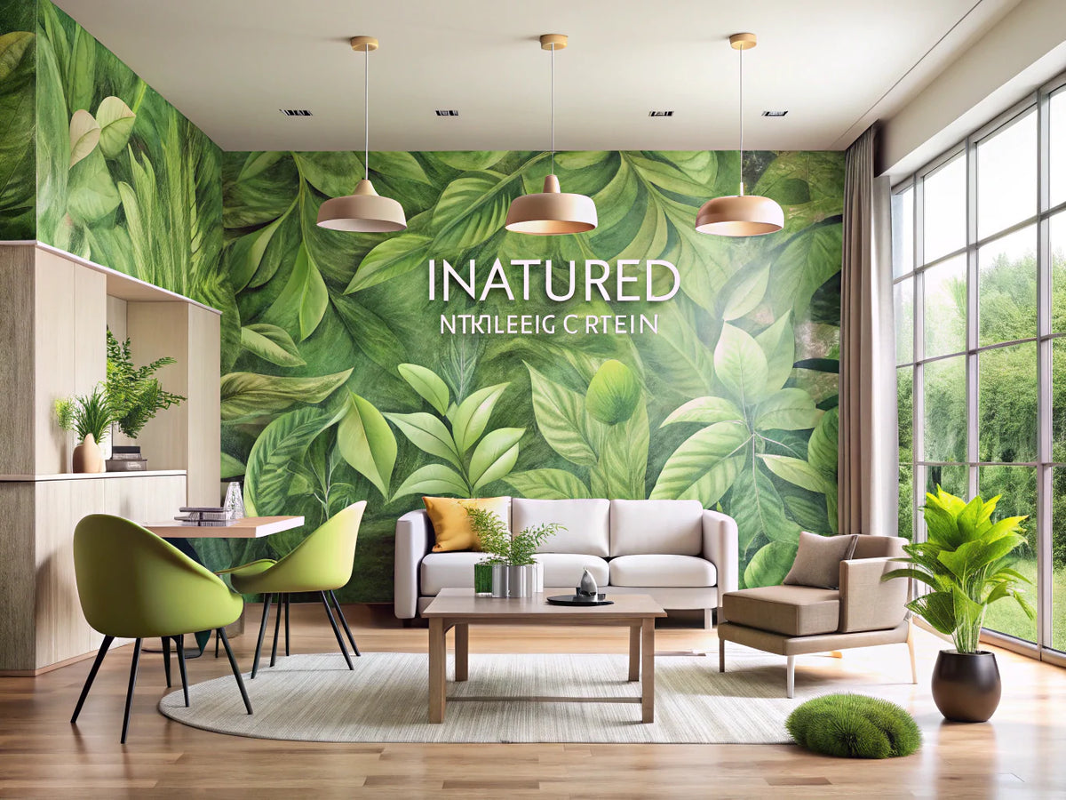 Sustainable interior design with nature-inspired wallpaper and sleek furniture