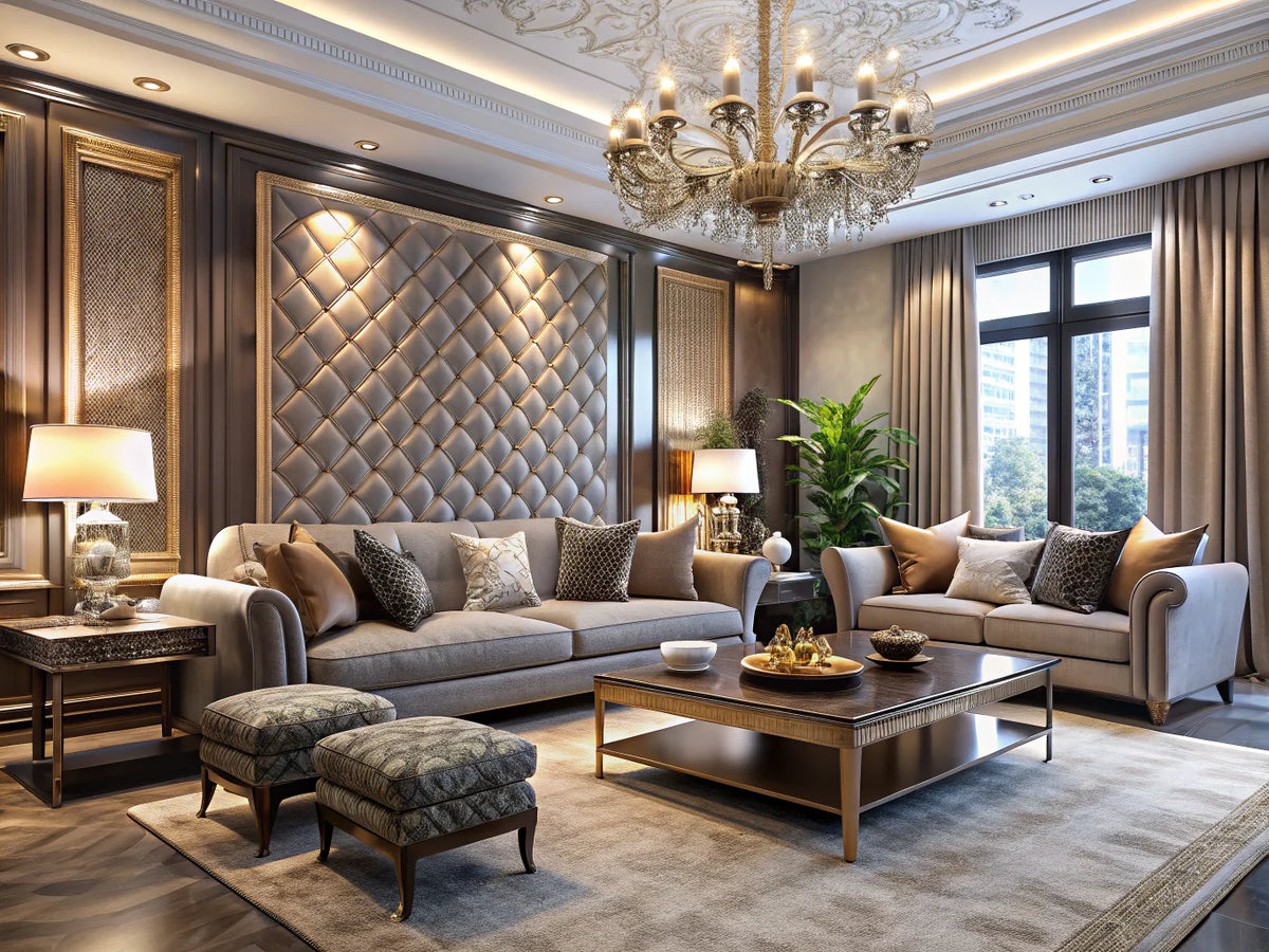 Luxurious living room with textured wallpaper, showcasing depth and dimension in stylish decor.