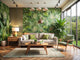 Modern living room with green eco-friendly botanical wallpaper and indoor plants creating a sustainable sanctuary