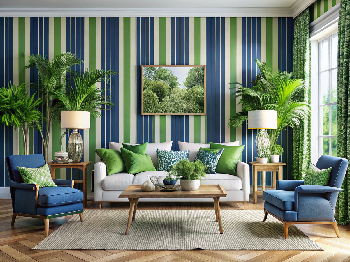 A modern living room featuring Verdant Oasis wallpaper with lush green foliage and Marine Stripes wallpaper in nautical blue and white, showcasing the latest home decor trends.